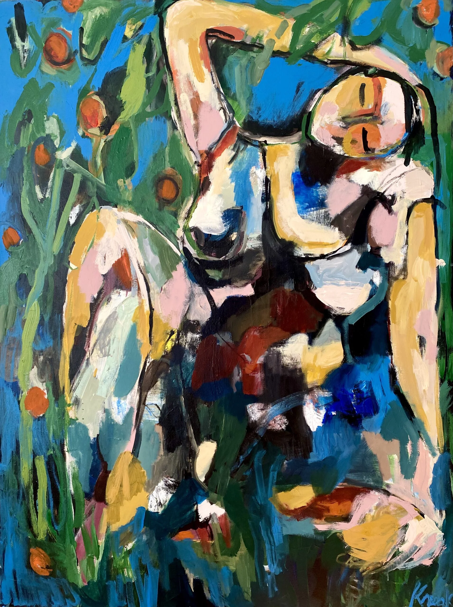 "Woman among oranges – 'When Life Gives You Oranges', abstract figurative painting by Magdalena Krzak
